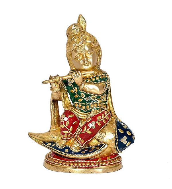 Brass Shankh Krishna Statue | Krishna Sitting Idol | Bal Krishna Sitting on Shankh | Krishna Shank Idol Brass Multicolor Colour (Height : 8 Inch) Entryway Setting