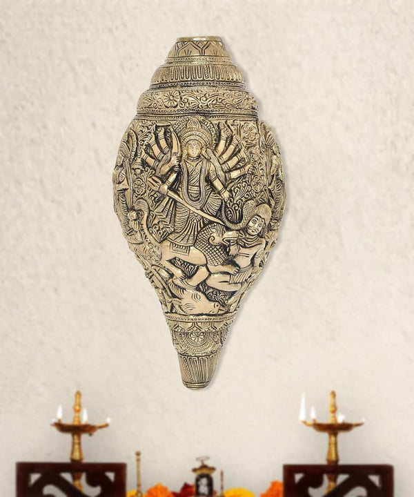 Brass Durga Wall Hanging Shankh Durga Ma Design on Shankh Home Decor, I Home Decor (Height 9.5 Inch) Mandir Setting