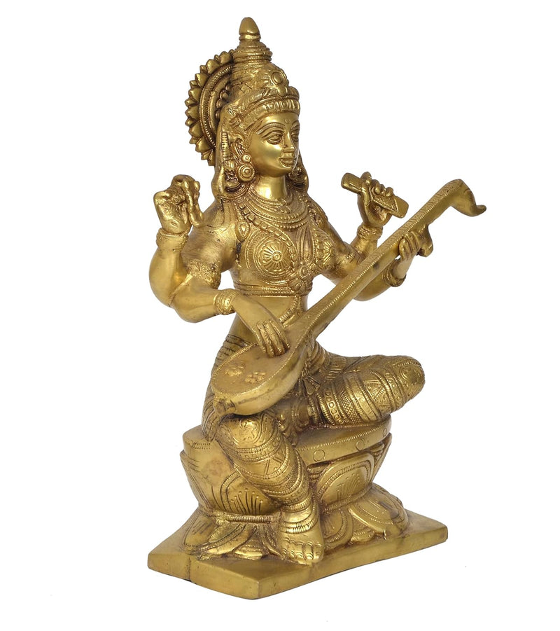 Brass Maa Saraswati Statue Handcrafted Hindu Goddess Saraswati Idol for Home Decor and Pooja Statue (Height 12 Inch)