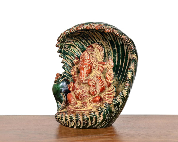 Brass Lord Ganesha in Green Shankh Shell Showpiece (Height 5.5 Inch) Study Setting