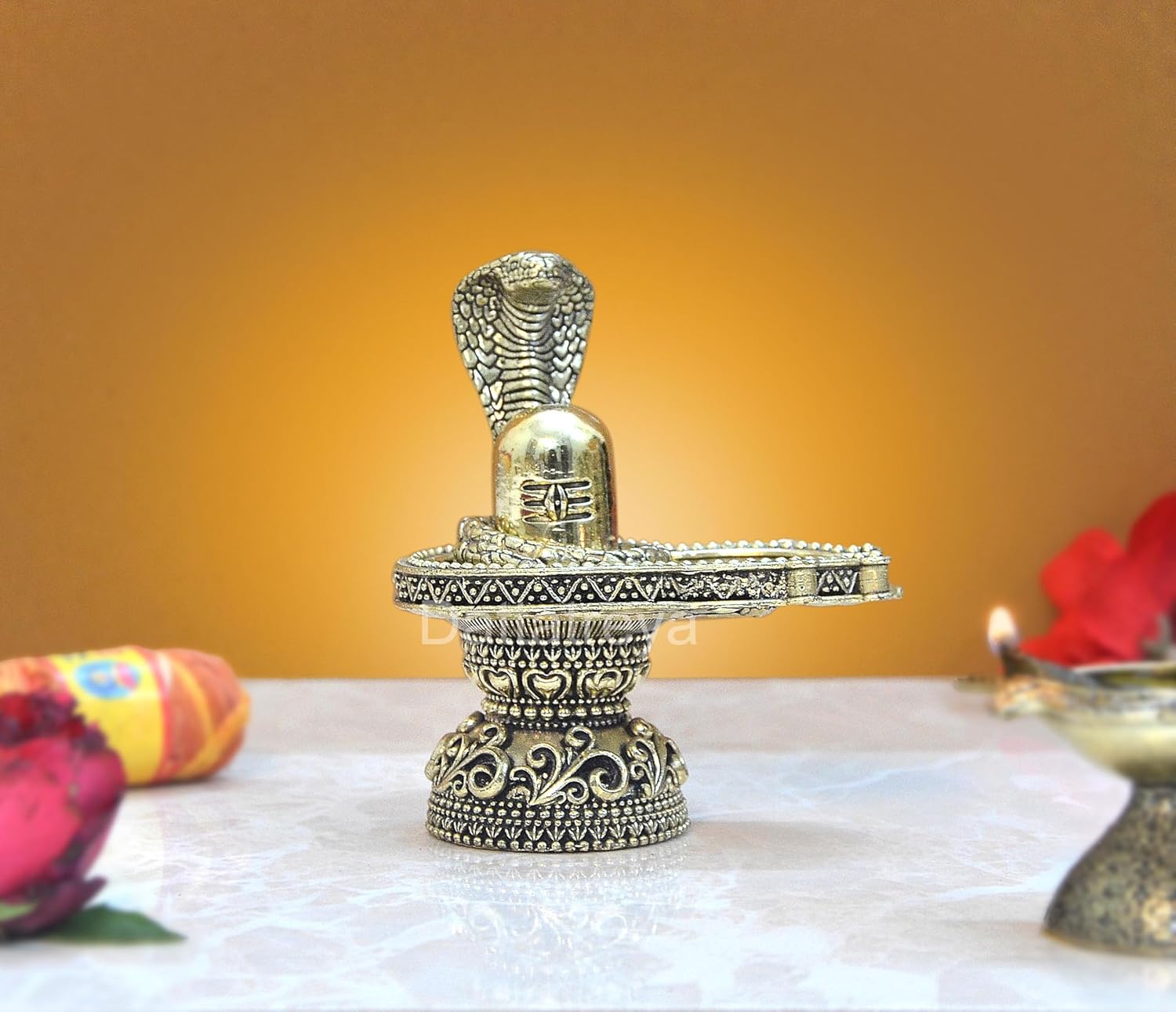 Superfine Brass Shivling with Snake Figurine (Height: 4 inch)