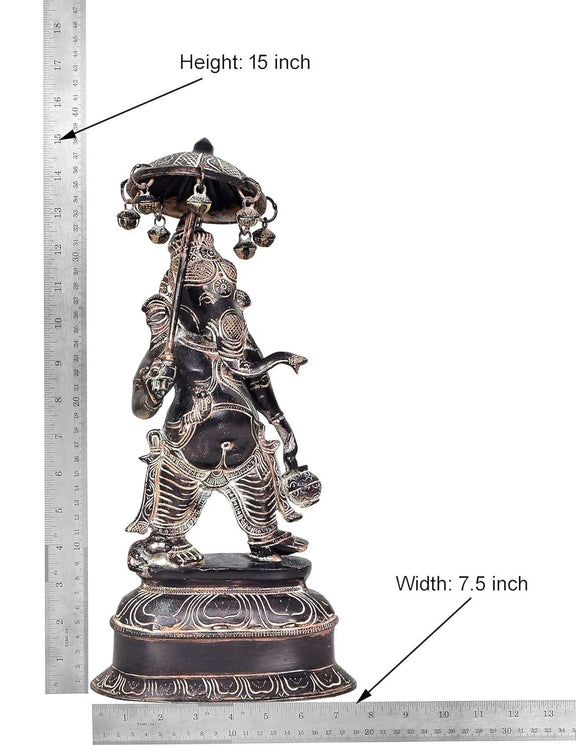 Brass Ganesha Holding Parasol in One Hand Statue (Height:15 Inch)
