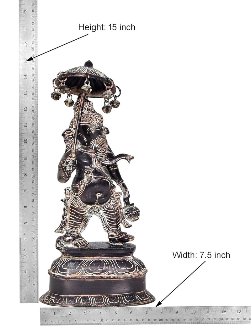 Brass Ganesha Holding Parasol in One Hand Statue (Height:15 Inch)