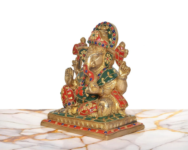 Brass Sitting Lord Ganesha Idol (Height 8 Inch) (Multicolor 1) Study Setting