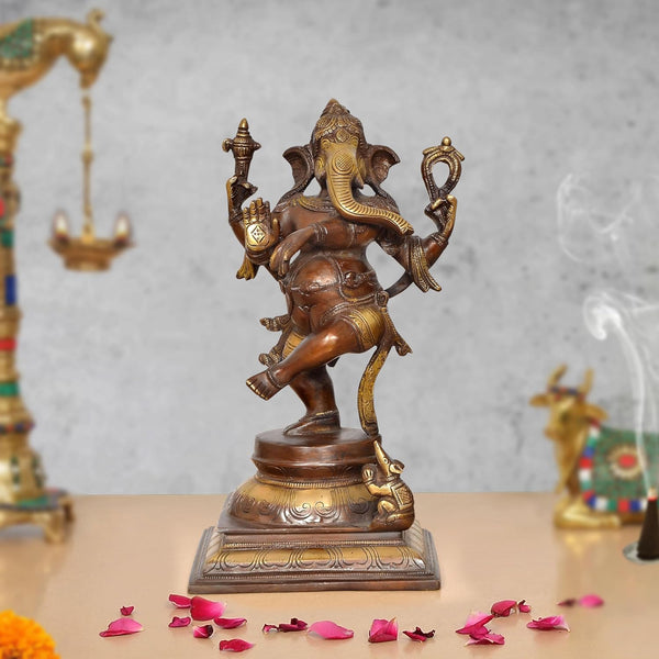 Brass Lord Dancing Ganesha Murti (Height 12.5 Inch) Mandir Setting
