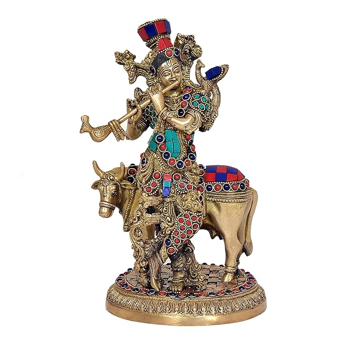 Brass Govinda with Cow Idol (Height: 9.25 inches)