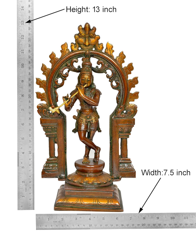 Brass Krishna Playing Flute Idol with Kirtimukha Frame Sculpture (Height: 13 inch)