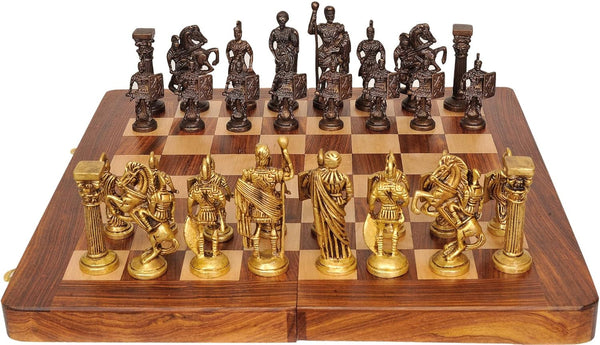 Wooden Chess Board with Brass Roman Piece - (Size 14"x14") Study Setting
