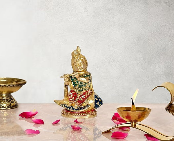 Brass Shankh Krishna Statue | Krishna Sitting Idol | Bal Krishna Sitting on Shankh | Krishna Shank Idol Brass Multicolor Colour (Height : 8 Inch) Mandir Setting