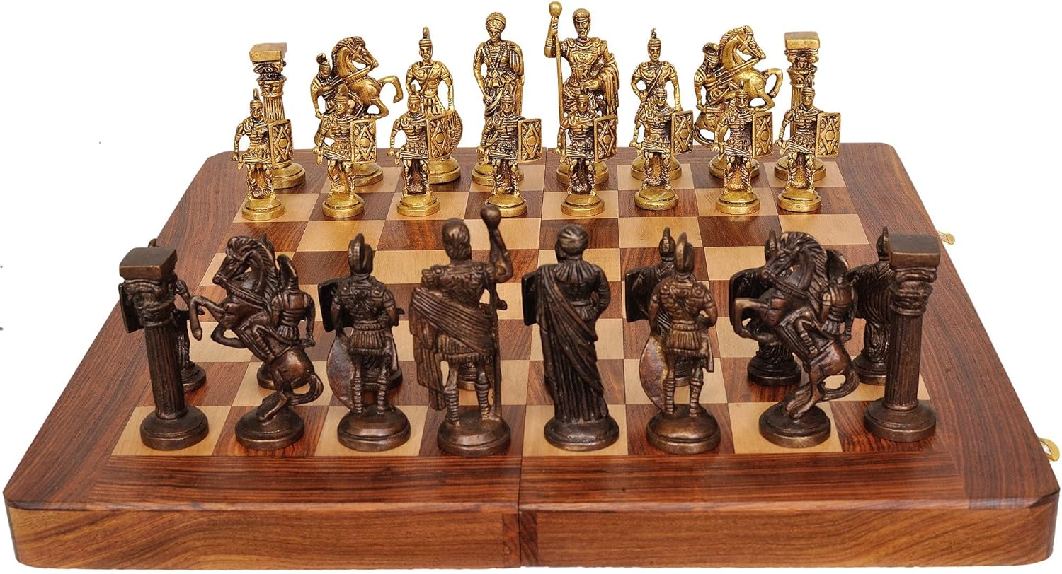 Wooden Chess Board with Brass Roman Piece - (Size 14"x14")