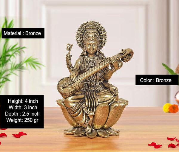 Superfine Brass Maa Saraswati Idol Sitting on Lotus (Height 4 Inch) Entryway Setting