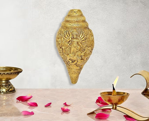 Brass Durga Wall Hanging Shankh Durga Ma Design on Shankh Home Decor, Height 9.5" I Home Decor Mandir Setting