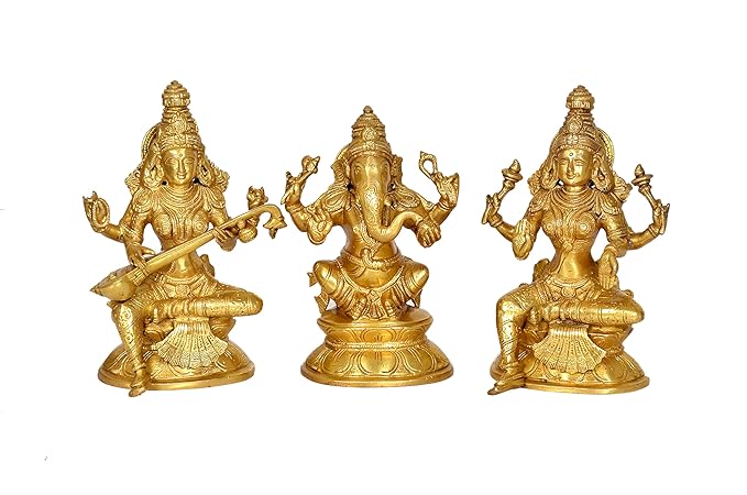 Brasss Laskshmi Ganesh Saraswati Statue Idol On Base for Temple Mandir Home Decor | Height : 8 Inches Craft Detail
