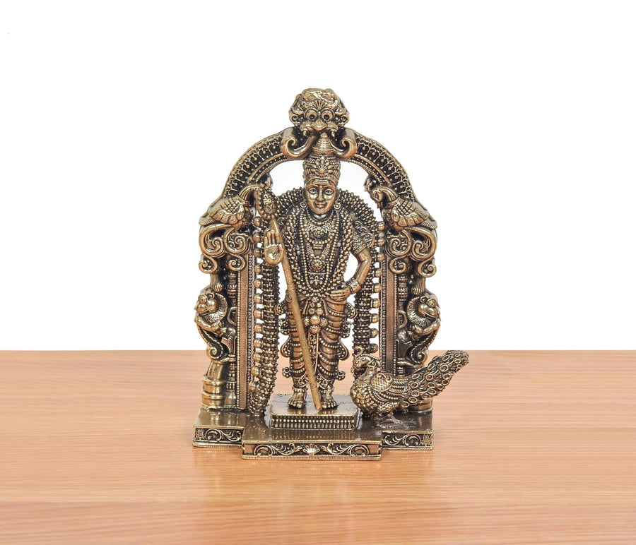 Superfine Brass Standing Lord Kartikeya with Peacock and Kirtimukha Prabhavali Murugan Murti (Height:3 Inch) Craft Detail