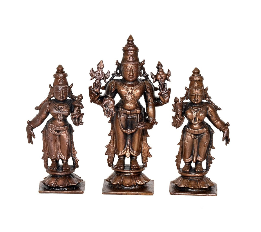 Copper Vishnu Shridevi and Bhudevi Statue for Home Temple Office Mandir Pooja Decor, (Height: 4 Inch) Craft Detail