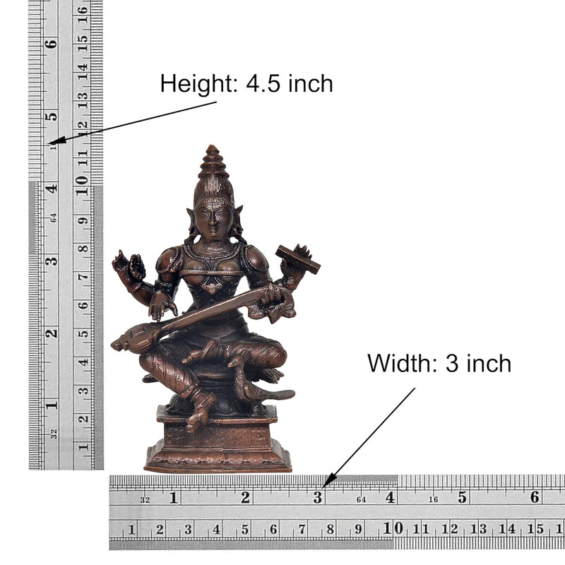Copper Goddess Maa Saraswati Suited for School Bag (Height:4.5 Inch)