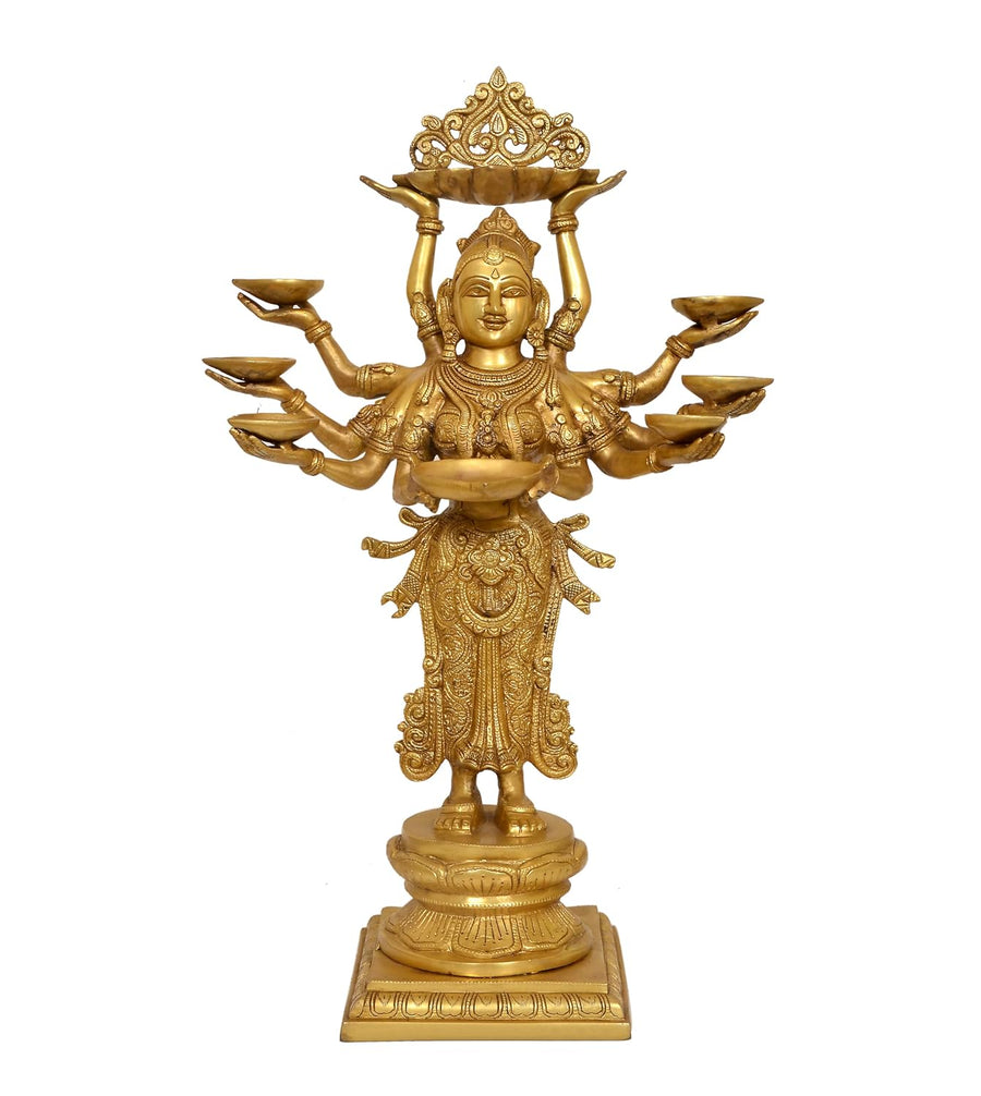 Brass Standing Ten-Armed Deepalakshmi Statue | Traditional Multi-Lamp Goddess Idol for Puja, Home Temple, Diwali Gifts & Home Décor (Height: 28 Inches) Craft Detail