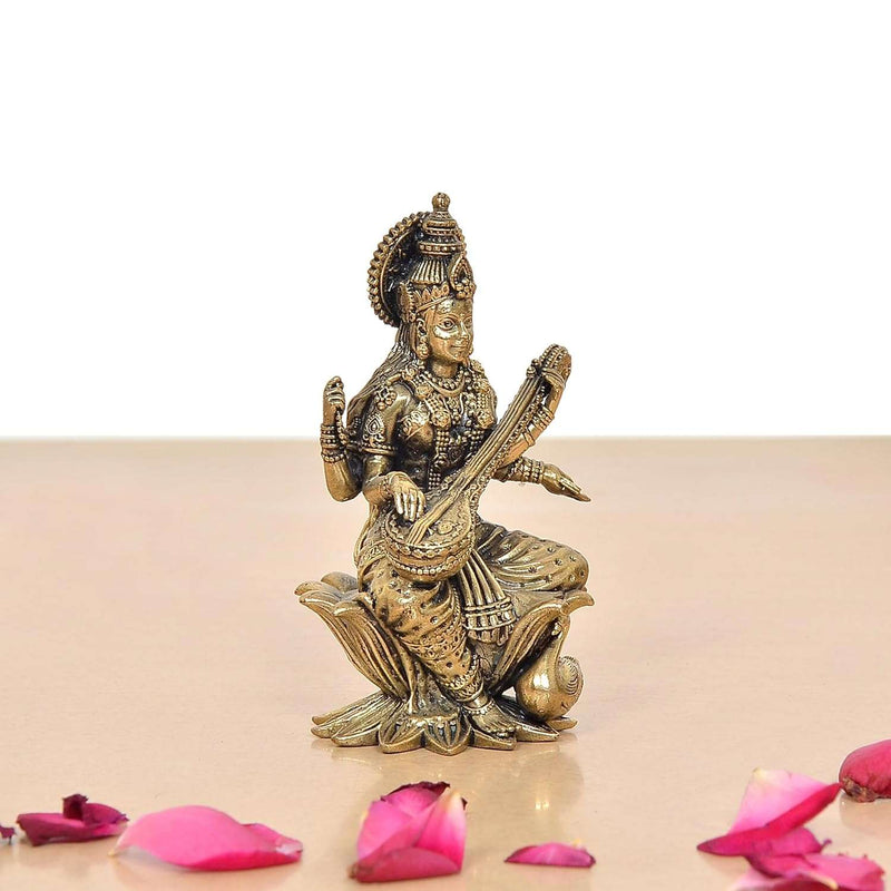 Bronze Maa Saraswati Statue Suited for School Bag (Height 4 Inch)