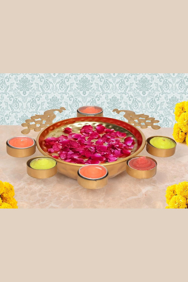 Peacock Decorative Urli Beautiful Bowl for Floating Flowers and Tea Light Candles Holder (Width:9.5 Inch) Mandir Setting