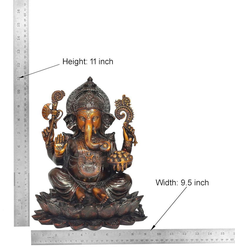 Brass Lord Ganesha Sitting on lotus (Height 11 Inch) Brown