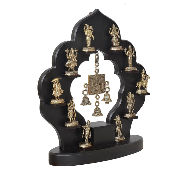 Superfine Brass Dashavatara of Vishnu Swastik with Bells and Wooden Frame Wall Hanging (Height: 14.5 Inch) Study Setting
