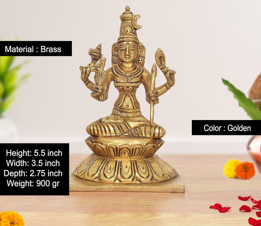 Brass Goddess Rajarajeshvari Idols Sitting on Lutos Tripura Sundari Murti (Height: 5.5 inch) Craft Detail