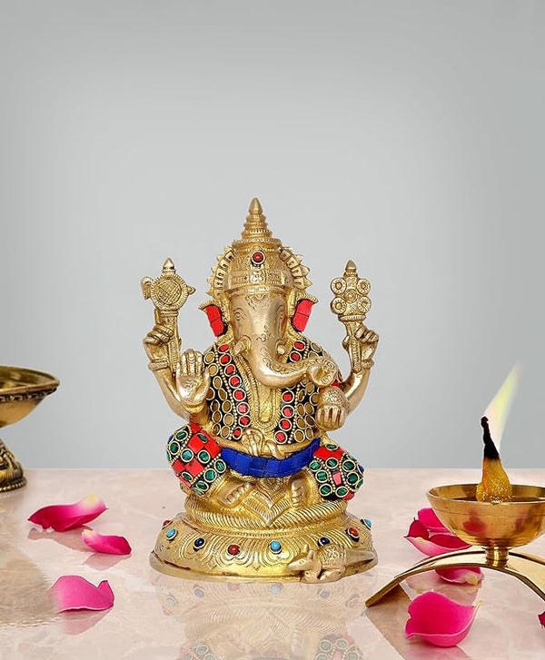 Brass Lord Ganesha Ganpati Idol Vinayak Religious Statue Murti Height 8 Inch Mandir Setting