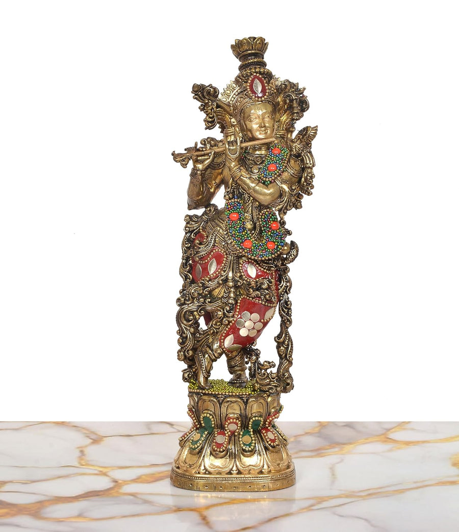 Superfine Brass Lord Krishna Sculpture Playing Flute (Height:10 Inch) Craft Detail