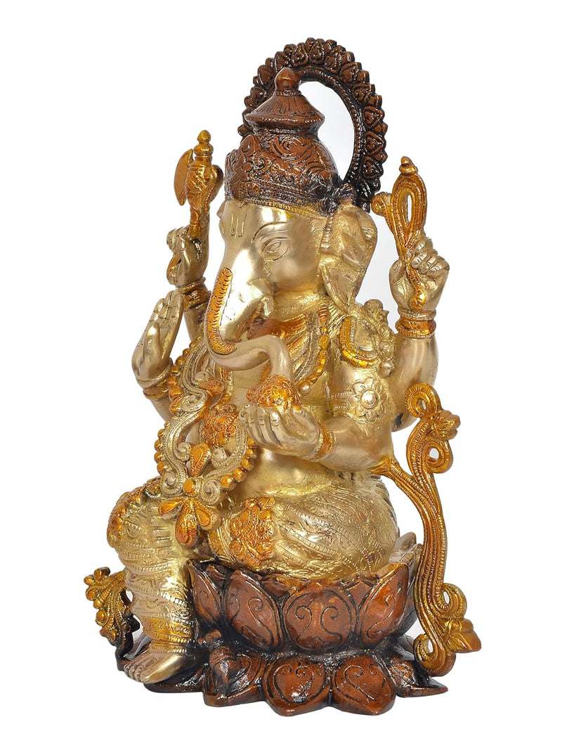 Brass Lord Ganesha Idol Sitting on Lotus (Height 13 Inch)