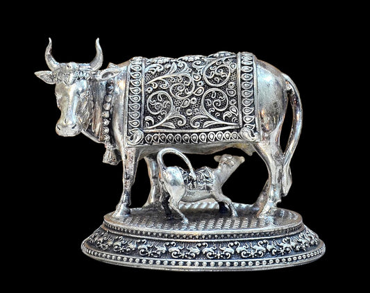 Superfine Brass Cow with Calf for Pooja Mandir Home Decor and Car Dashboard (Height 3 Inch)