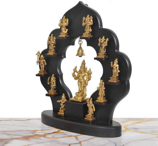 Intricate Brass Dashavatara: Lord Vishnu's Ten Avatars Idol with Wooden Frame | 14" Hindu Collectible Art