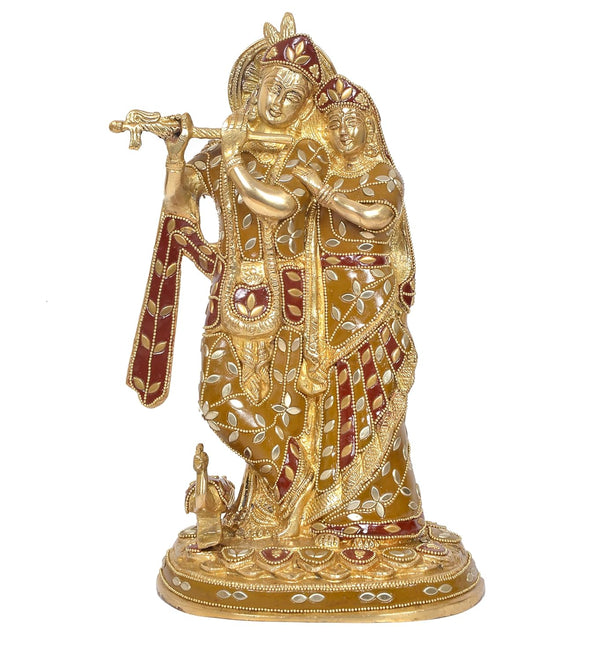 Brass Standing Radha Krishna Idol with Peacock Playing Flute (Height 12 Inches) (Multicolor 1) Entryway Setting