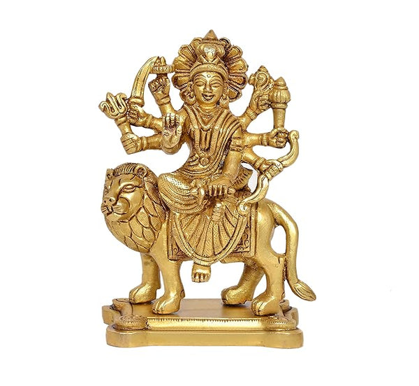 Durga Maa Sitting on Lion Statue Religious Goddess Hindu Devi Maa Durga Brass Sculptures (Height: 5 Inch) Mandir Setting