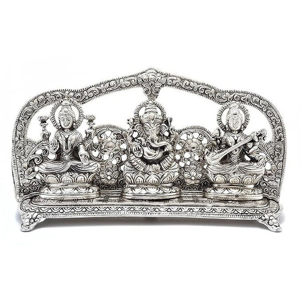 Metal Ganesha Lakshmi and Saraswati Sculpture (Silver Width: 10Inches) Mandir Setting