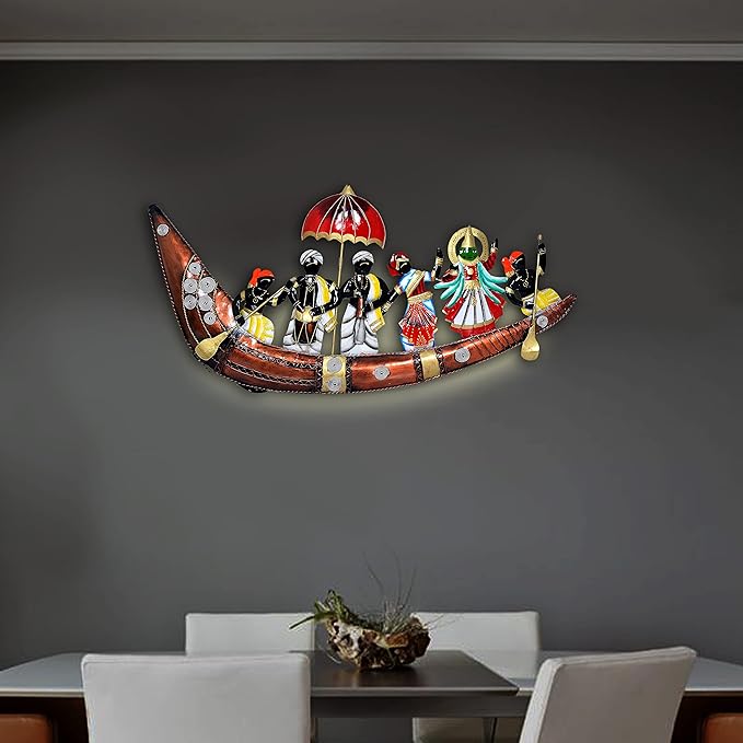 Iron Vallamkali Boat Wall Decorative Showpiece With LED Light (Height 15.5 Inches)