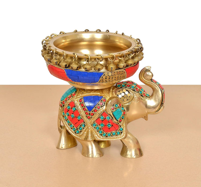 Brass Elephant with Urli Idol with Ghungroo (Height : 7.5 Inch)