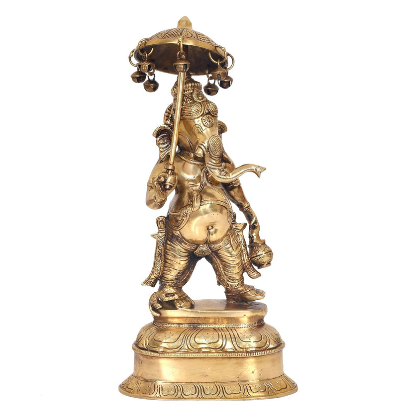 Brass Cute Lord Ganesha Holding Tiny Umbrella Showpiece Home Decor (Height: 15 Inch)