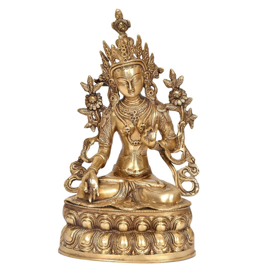 Brass Tara Devi Statue - Handcrafted Hindu Goddess Idol for Home Decor and Pooja Mandir Golden Color (Height 14 Inch)