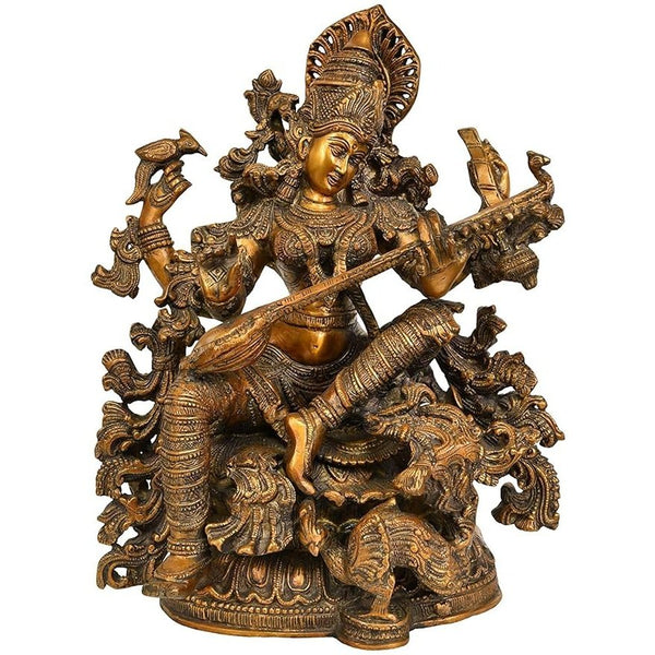 Grace and Majesty: Brass 4 arm Saraswati with Veena (Height: 15.7 Inch) Mandir Setting