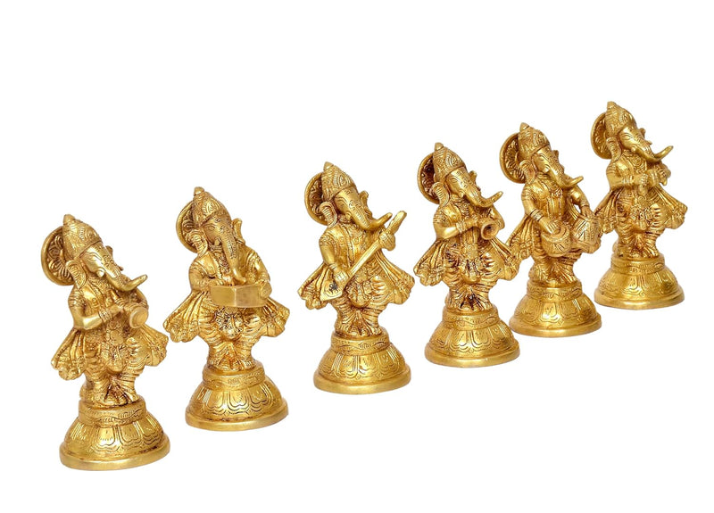 Brass Musical Ganesha Idol |Set of Six| for Home Decor and Pooja Mandir Temple (Height 6 Inch)