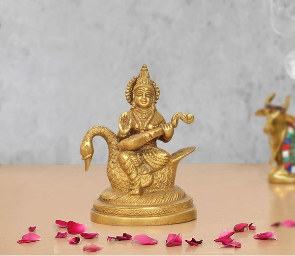 Brass Maa Goddess Saraswati Seated on Hans Idol (Height 5 Inch) Mandir Setting