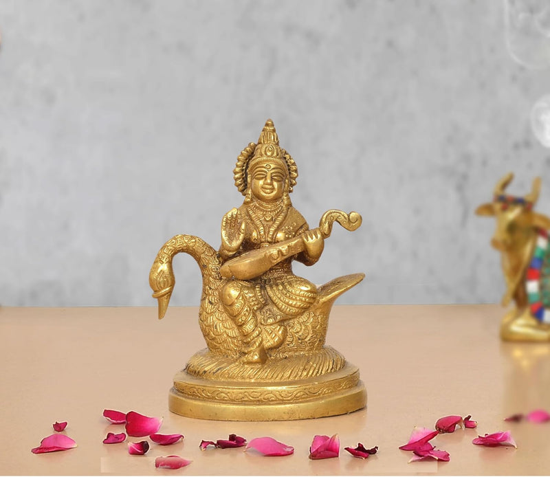 Brass Maa Goddess Saraswati Seated on Hans Idol (Height 5 Inch)