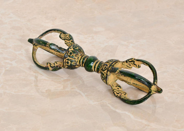 Brass Tibetan Buddhist Eight Pronged Small Dorje in Brass Handmade (Height: 6.5 inch) Mandir Setting