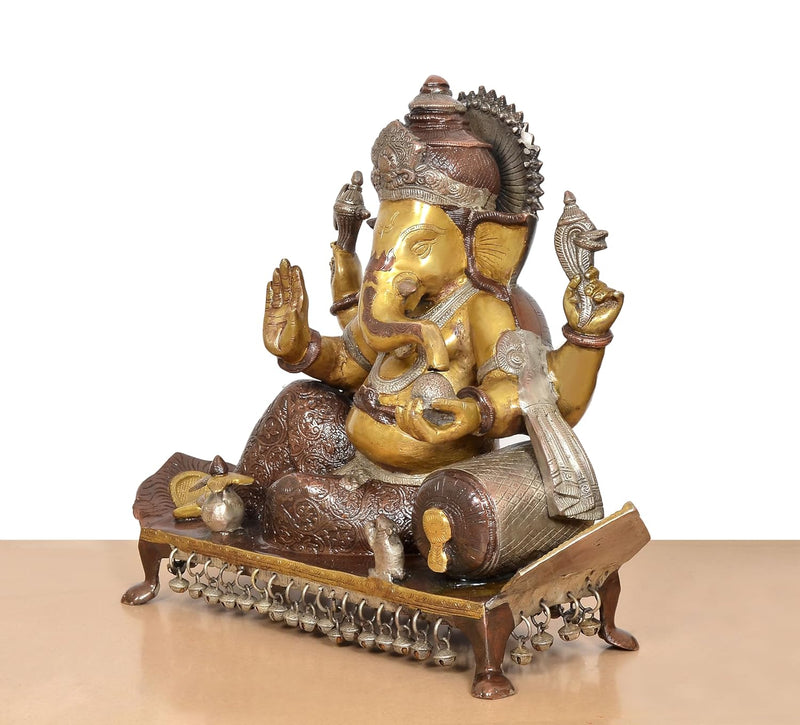 Brass Handcrafted Ganesha Seated on Chowki Idol (Height 16 Inch)