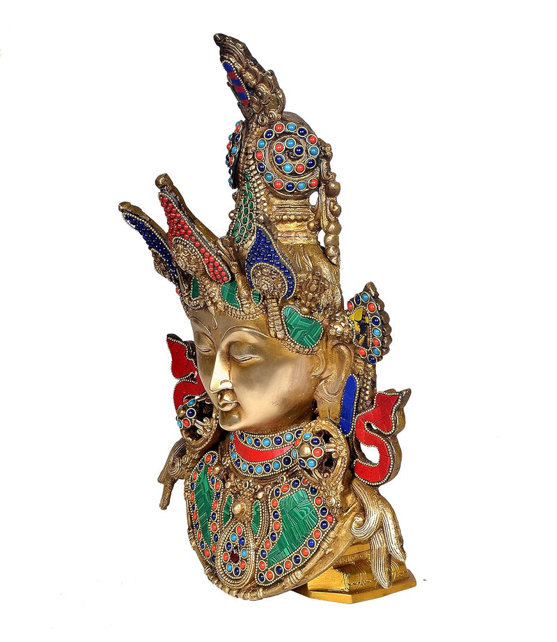 Brass Tara Devi Mask Wall Hanging Multicolour (Height 16 Inches)