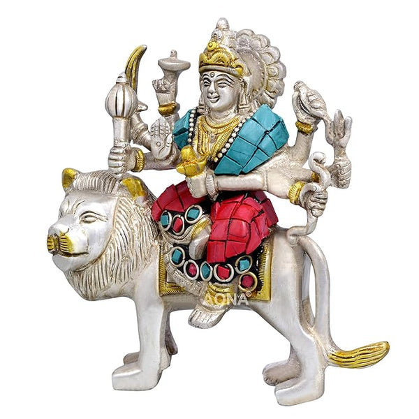 Brass Mother Goddess Durga in Hues, Silver, Golden, Standard, Height 5 Inches Entryway Setting