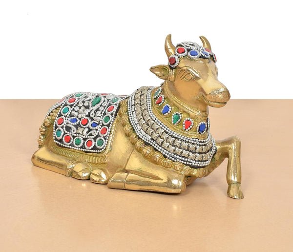 Brass Shiva Seated Nandi Statue (Height: 6 Inch) Study Setting