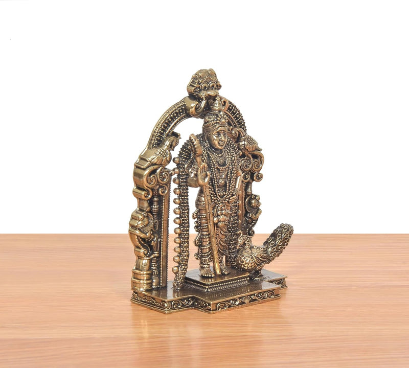 Bronze Standing Lord Kartikeya with Peacock and Kirtimukha Prabhavali Murugan Murti (Height 5 Inch)