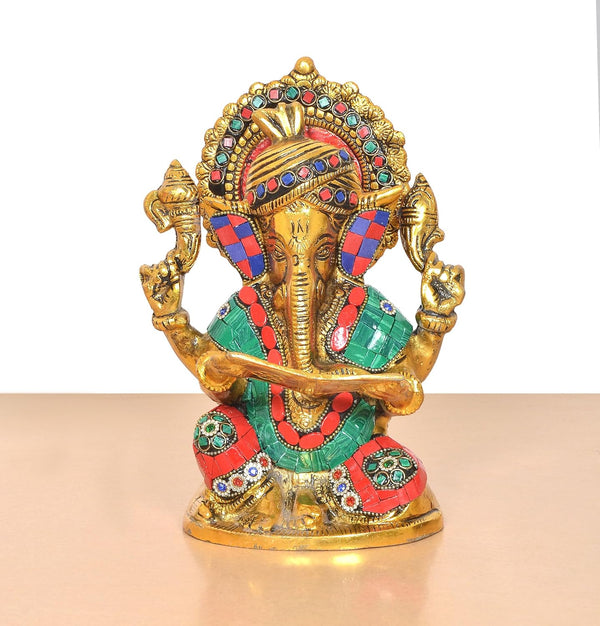 Metal Lord Ganesha Idol Reading Ramayan (Height 9 Inch) Study Setting