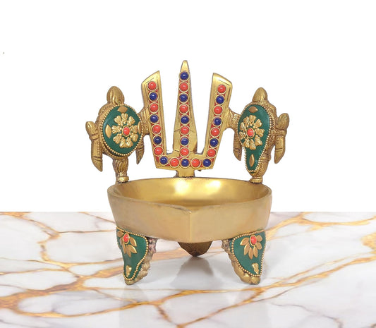 Brass Traditional Diya Shankh, Chakra, Naama Oil Lamp Vishnu Symbol Stand Showpiece (Height 5 Inches)